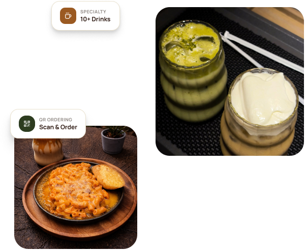 Hero collage with specialty drinks and QR ordering